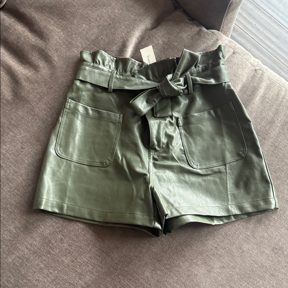 Francesca's Collections Olive Green Faux Leather High-Waist Tie-Belt Shorts